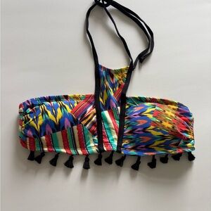 Gianni Bini Multicolor Ikat-Print Bandeau Bikini Top with Tassels